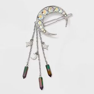 Halloween Silver‎ Moon Dangle Hair Clip Barrette, Crescent Moon Rhinestones NWT